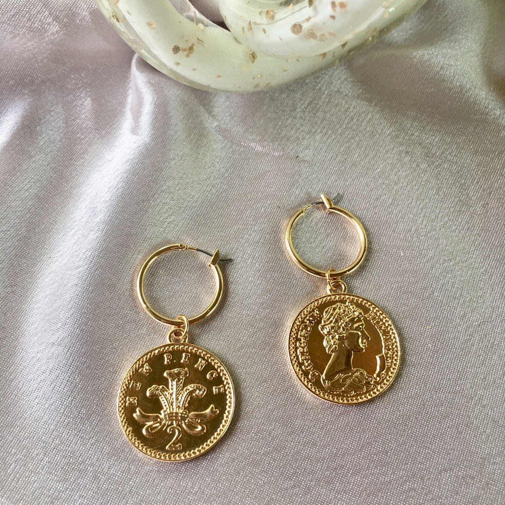 Coin Double Sided Two Pence Gold Hoop Earrings - Picture 4 of 7